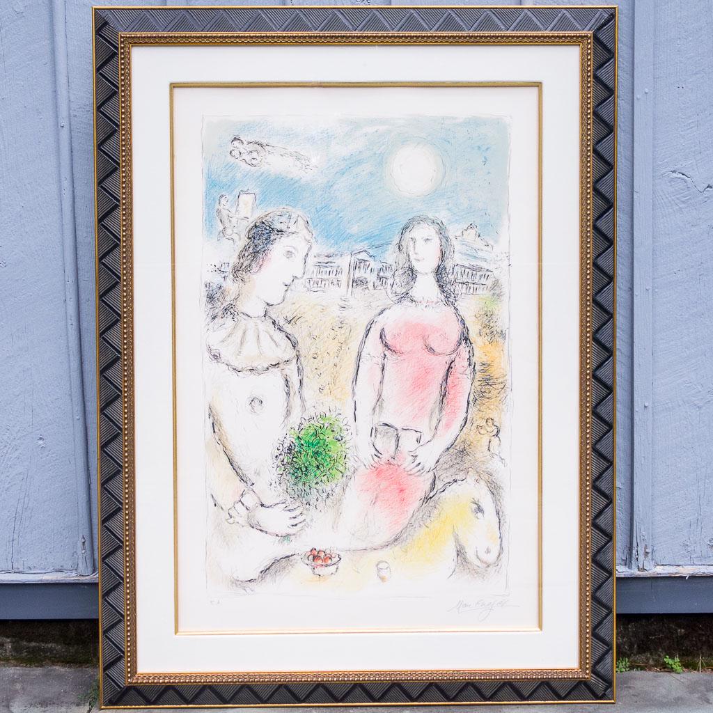 Marc Chagall Lithograph Couple At Dusk 1980: This 1980 Marc Chagall edition artiste lithograph titled "Couple at Dusk". It was purchased in 1999 at the Philharmonic Center for the Arts in Naples, FL for $30,000. Frame measures 53.75" x 39.5". Si