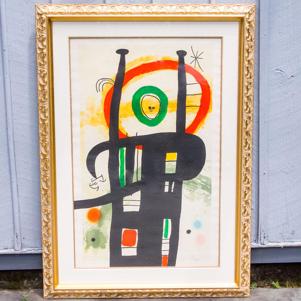 Joan Miro Le Grand Ordonnateur Color Aquatint Etching: This 1969 color aquatint etching by Joan Miró is titled "Le Grand Ordonnateur" (The Grand Organizer). Originally, this piece was purchased at the Philharmonic Center for the Arts in Naples, FL for $2