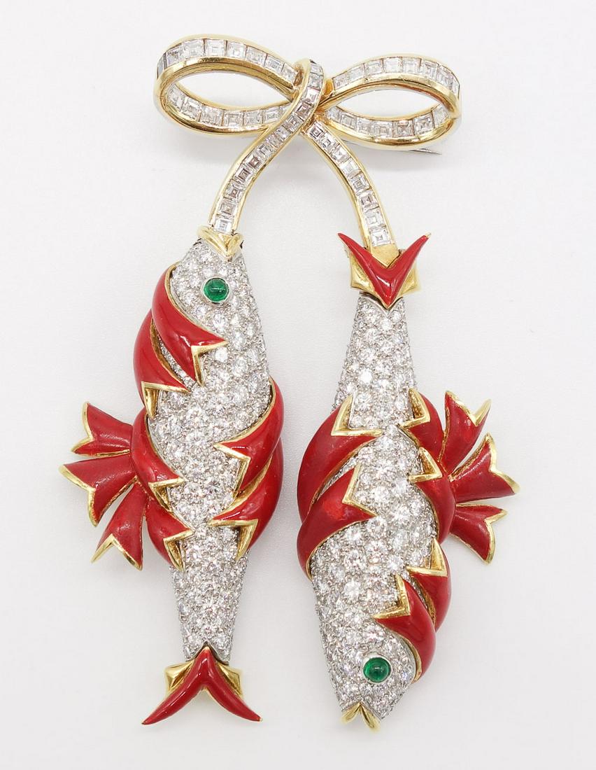 Diamond Enamel Gold Double Fish Brooch Schlumberger: This articulated double fish brooch with a bow titled Poissons by Jean Schlumberger for Tiffany & Co. was originally designed in 1965. It is one of many aquatic motifs in Schlumberger's designs. This 