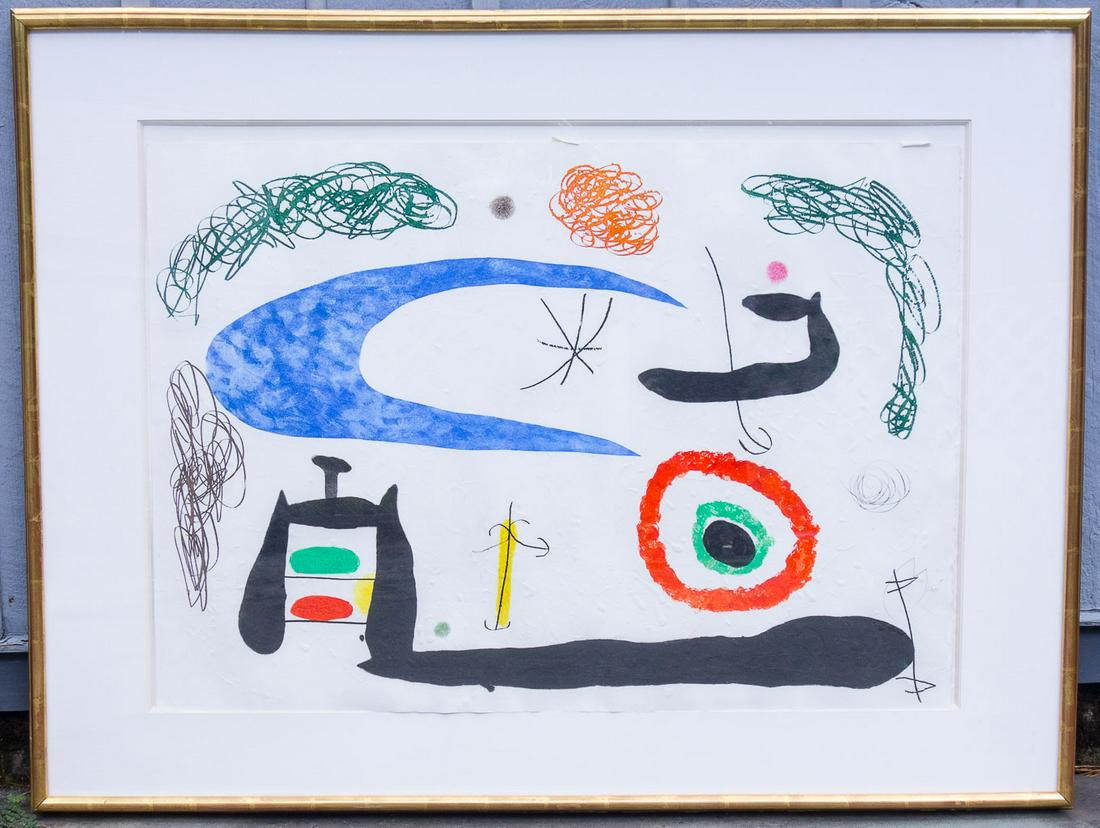 Joan Miro Dormir Sous La Lune 1969 Etching Aquatint: This etching aquatint print of Joan Miro's 1969 "Dormir Sous La Lune" (Sleep Under the Moon) harnesses Miro's bold surrealist style with bright blocks of color. This particular print was purchased in 