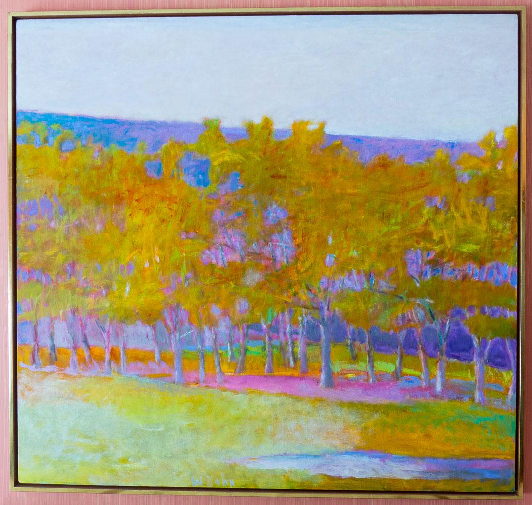Wolf Kahn Oil Painting Grove Against a Hillside 1994: This is a an original oil painting on canvas by Wolf Kahn (German-born American, 1927-2020). Titled Grove Against a Hillside. There is a gallery label from Marianne Friedland Gallery of Naples, Florid