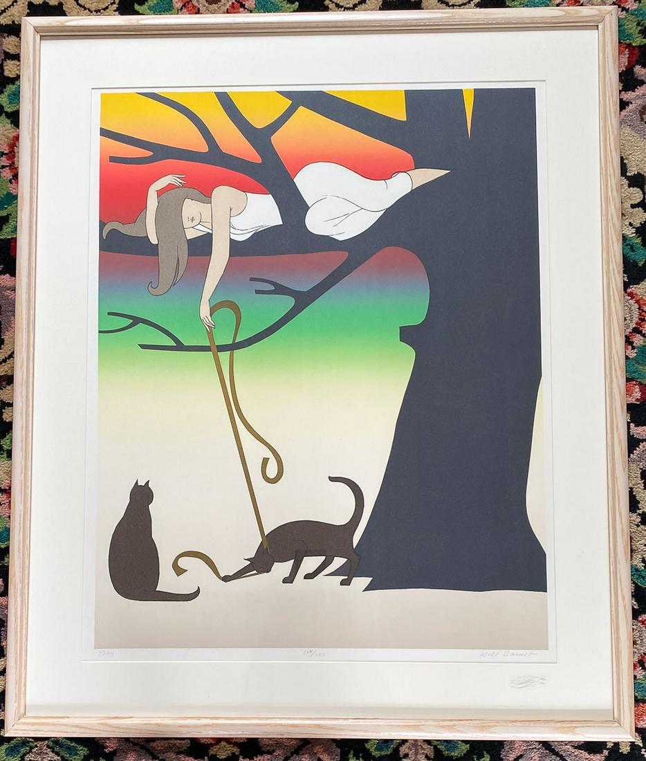 1975 Signed Will Barnet Serigraph "Play" 105/150: Signed original serigraph print by Will Barnet (American, 1911 - 2012). Titled Play. Dated 1975 and numbered 105/150. Harmon-Meek Gallery, Naples, Florida. Sight: 31"x 24.5"