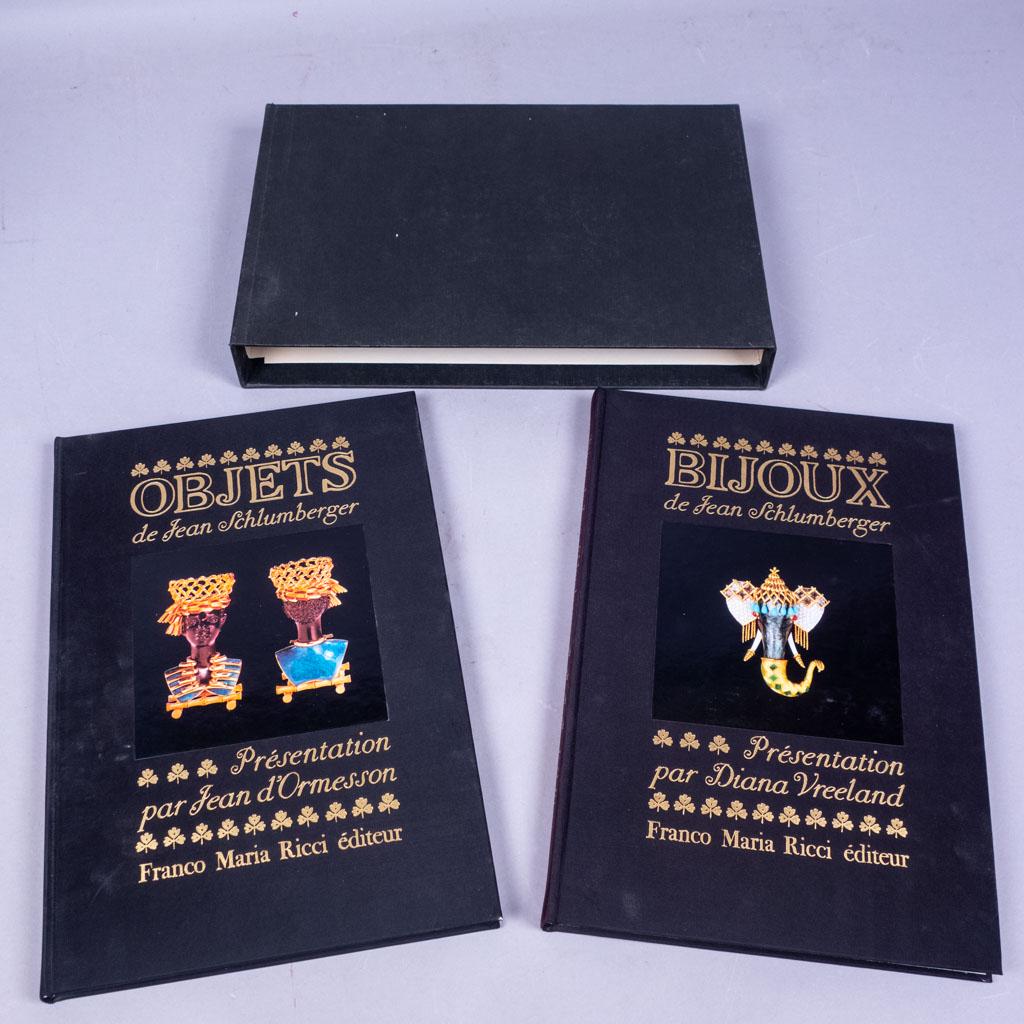 Jean Schlumberger 2 Volume Book Set Bijoux, Objets: Limited edition two volume box set presenting jewelry and objects designed and made by Jean Schlumberger, with forewords by Dianna Vreeland and Jean d'Ormesson, in English/French. Only 1000 were produ