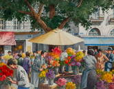 Henry M Gasser Gouache Painting Paris Flower Stand