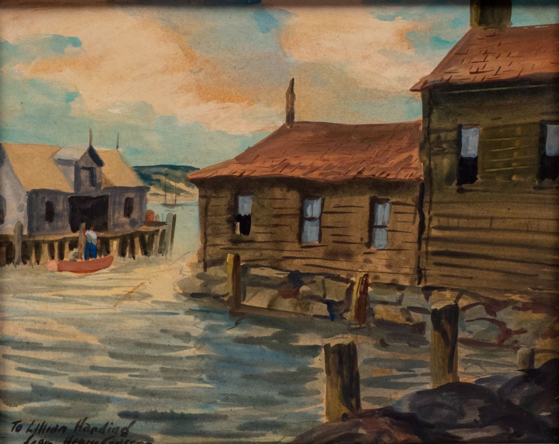 Henry M Gasser Casein Ptg Cape Ann Waterfront Scene: This framed scene of a waterfront village in Cape Ann is painted by Henry M. Gasser (American, 1909-1981) in casein on mounted paper. Dated for December 1950. Provenance from the estate: "This paintin