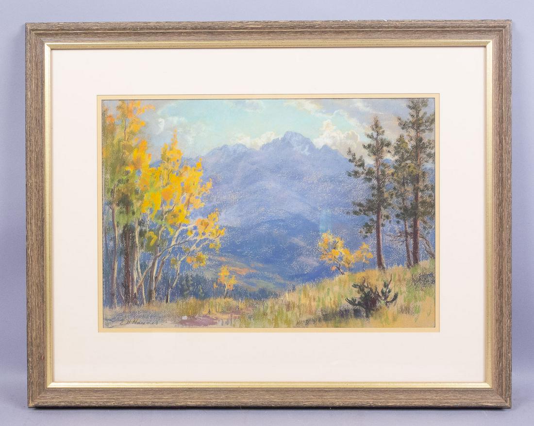 E H Haynes Pastel Painting Mountain Landscape: This framed pastel painting by English-born artist Elsie Haddon Haynes features an early autumn Colorado mountain landscape. 27.5 x 21.5" (frame), 18.5 x 12.5" (sight)