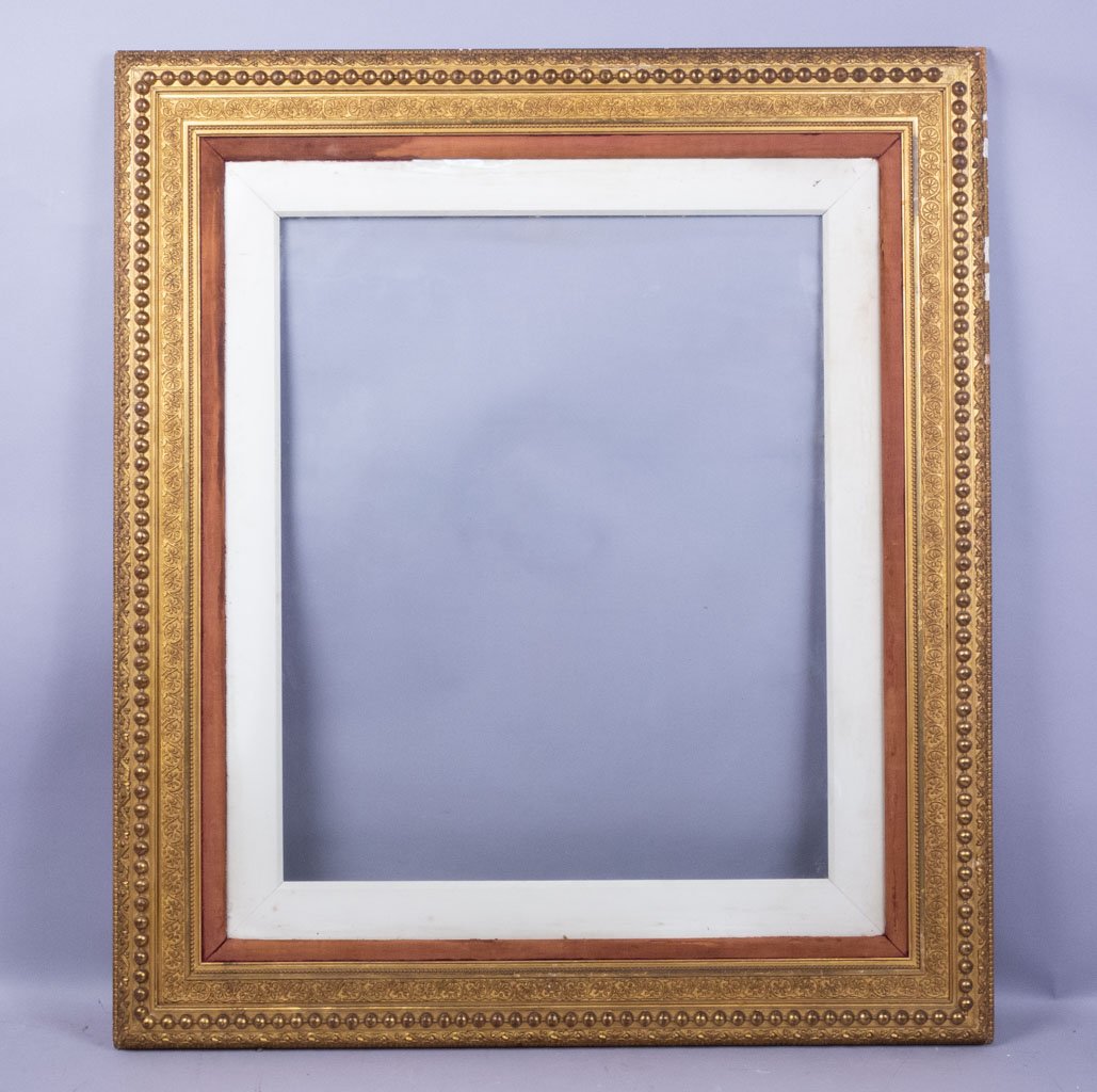 Giltwood Gesso Renaissance Revival Lg Ptg Frame 47x37": This is an ornate Renaissance Revival giltwood gesso large painting frame dating to the 19th century. Frame 47 x 37 x 2", Sight 28 x 23"