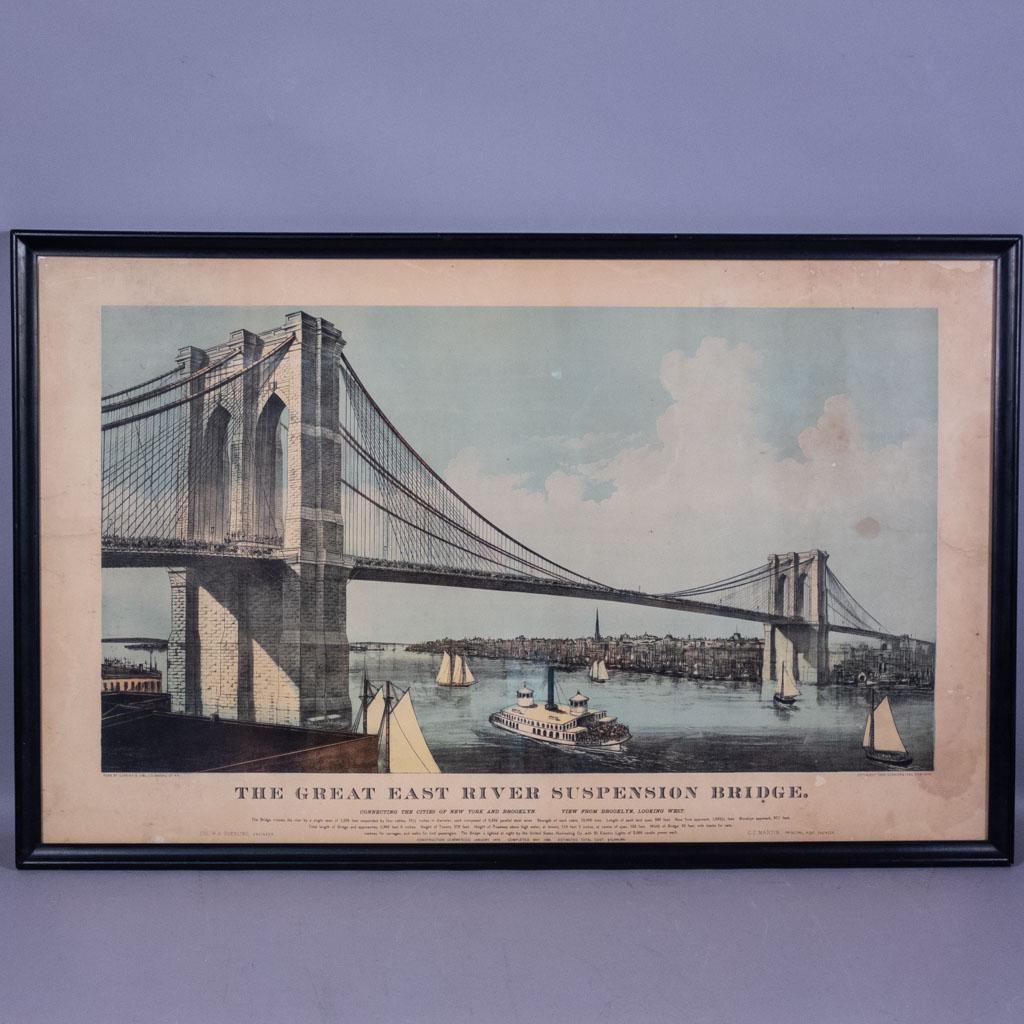 Currier Ives Lg Folio Great E River Suspension Bridge: This is a large folio of "The Great East River Suspension Bridge." It was published by Currier and Ives, 115 Nassau St. NY. Copyright 1883, Currier and Ives, New York. It reads, "Connecting the cities