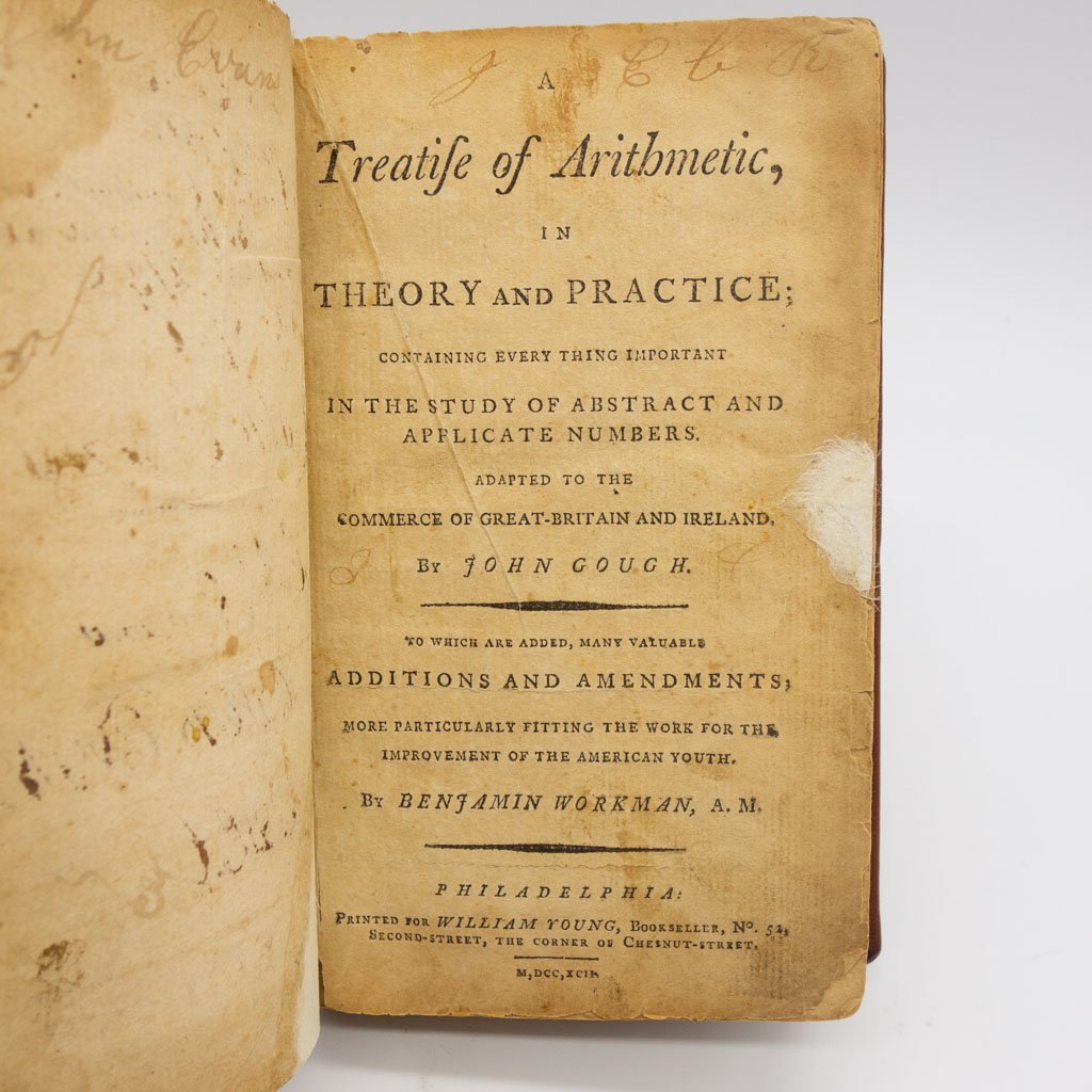 Treaties of Arithmetics Book by John Gough 1792: A book owned by Caleb Evans titled, Treaties of Arithmetics, In Theory and Practice. It was written by John Gough and published in 1792 in Philadelphia, PA. 6.5 x 4.25 x 1.25"