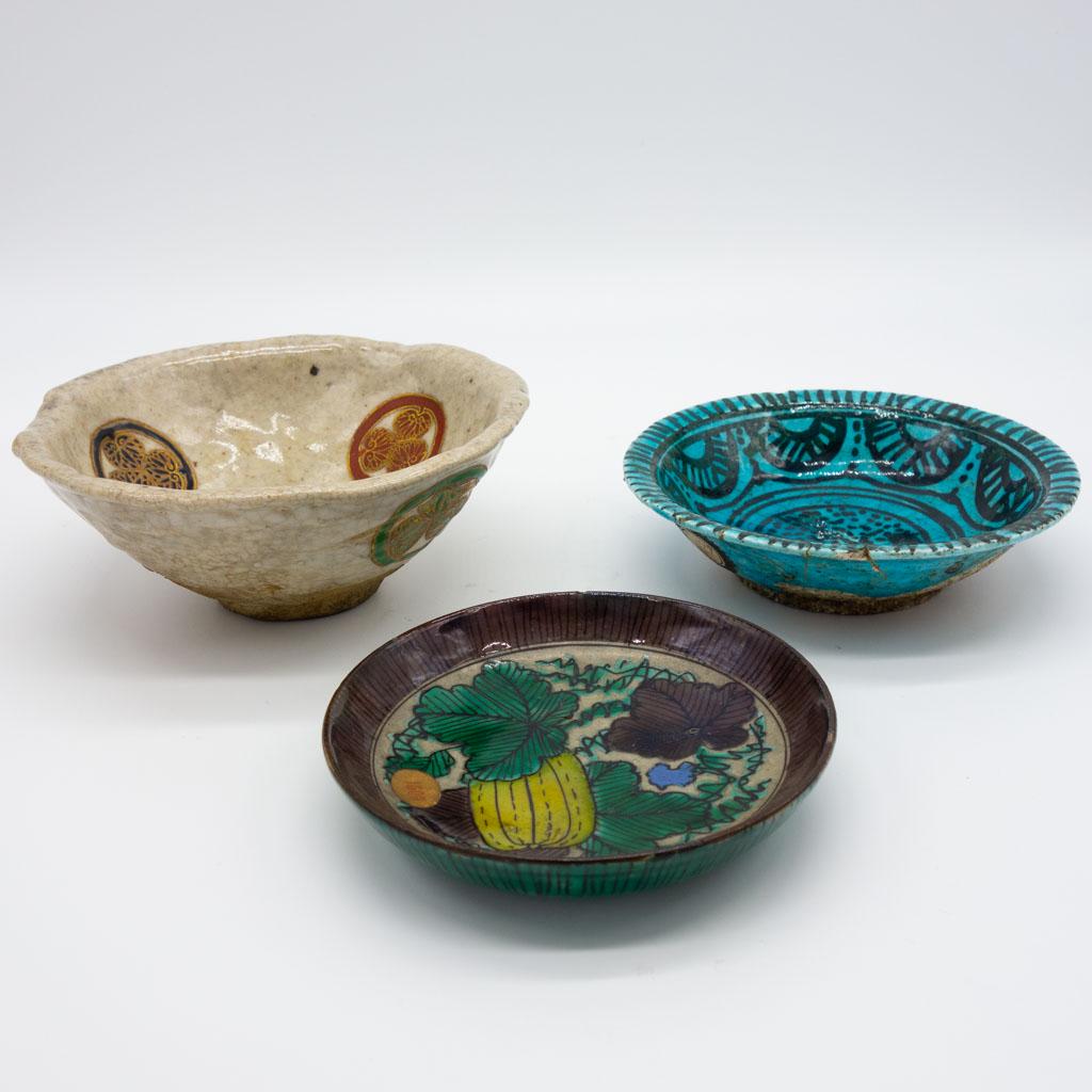 3 Assorted Early Asian and Islamic Ceramic Bowls: This lot features three small ceramic bowls of early Asian and Islamic origin. 5.5" diameter x 2.5" tall