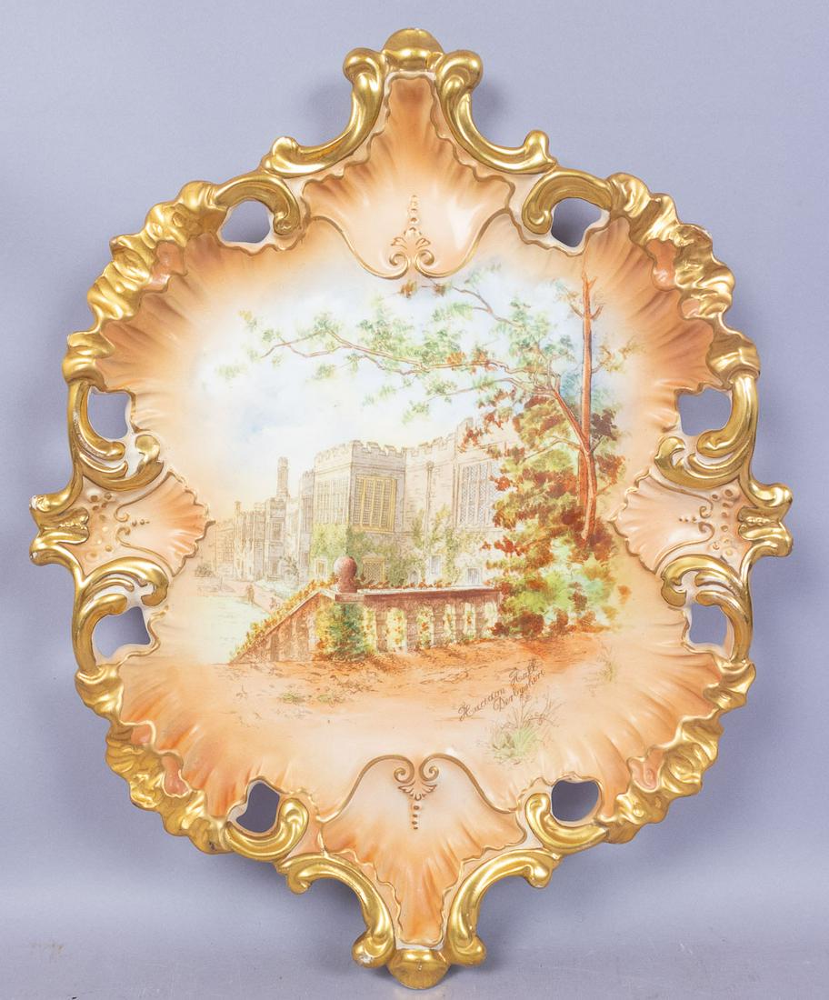 c1902 Haddon Hall Fielding Railway Staffordshire Plaque: This is an antique pottery plaque made by Fielding & Co of Stoke on Trent, Staffordshire. The ornate gilded plaque features a depiction of the English country house, Haddon Hall of Derbyshire. The bac