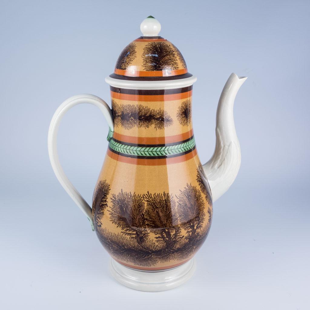 Don DG Carpentier Mochaware Teapot w Lid: This mochaware teapot was produced by Don G. Carpentier (American, 1951-2014), a potter known for producing exceptional and sought after 20th century renditions of early English pottery.Please follow