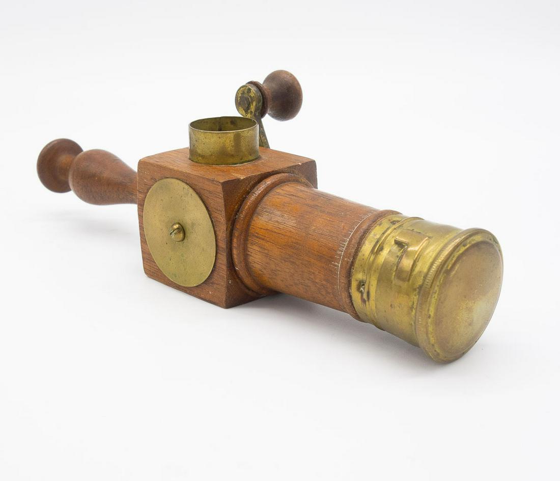 19c Wooden Brass Fancy Mechanical Nutmeg Grinder: This is an antique 19th century wooden and brass fancy mechanical nutmeg grinder. 8 x 3 x 2.25"