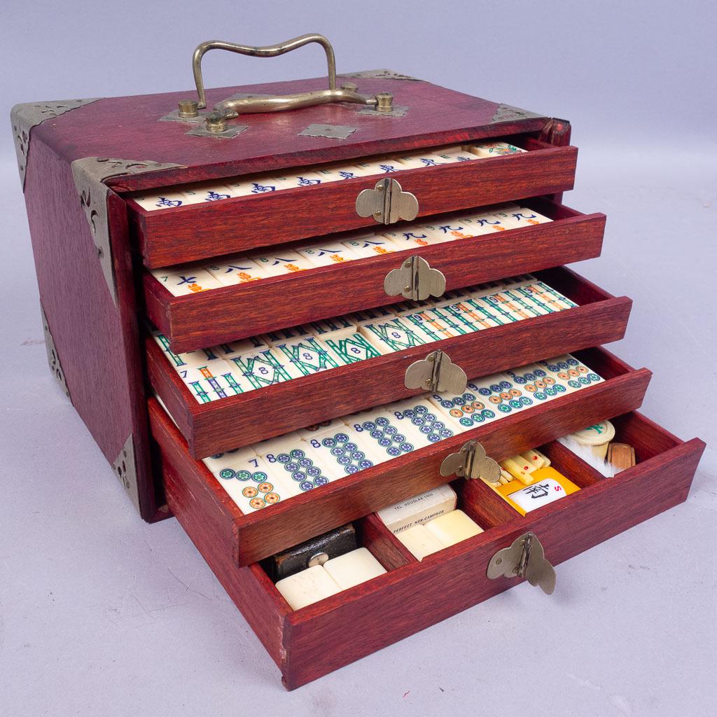 19c Mahjong Set in Wooden Case w Drawers #1: This 19th century Mahjong set features bone and bamboo tiles in a wooden box with drawers and brass findings. 9 3/8 x 6 3/8 x 6 1/2"
