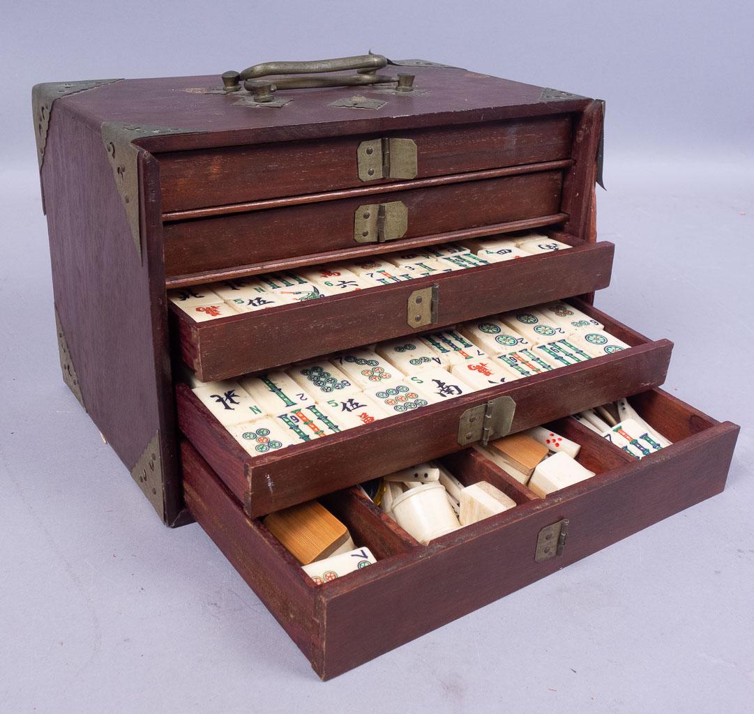 19c Mahjong Set in Wooden Case w Drawers #2: This 19th century Mahjong set features bone and bamboo tiles in a wooden box with drawers and brass findings. 9 3/8 x 6 1/2 x 6 3/8