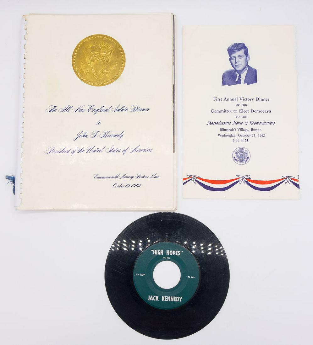 JFK Memorabilia w 1960 Campaign Recording Vinyl Record: This is a lot of John F Kennedy memorabilia including a 1960 campaign promotional 45 rpm vinyl recording of JFK and Frank Sinatra on "All the Way" and "High Hopes". Also included is a program from the