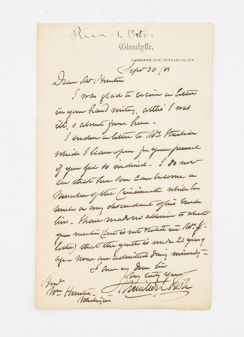 Signed Letter from Hamilton Fish to William Seward 1881: A letter from former Secretary of State, Hamilton Fish, to former Secretary of State, William Seward, dated September 30, 1881. We guarantee the authenticity of all autographs for the lifetime of the 