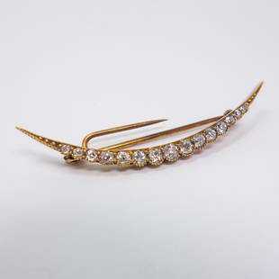 Antique 14K Rose Gold Diamond Crescent Brooch Pin: This is an antique brooch pin dating to the 19th century. Rendered in fine 14K rose gold, this cresent pin is studded with old european cut diamonds. The diamonds are SI clarity and JKL color. 2"