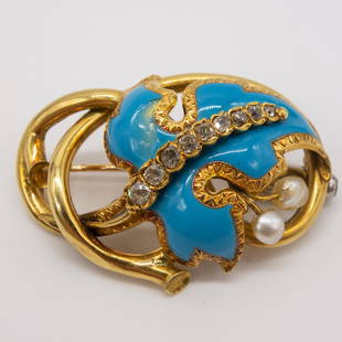 Antique French 18K Gold Blue Enamel Diamond Brooch: This is an antique French 18K yellow gold leaf motif brooch pin decorated with blue enamel, diamonds, and freshwater pearls. The diamonds are I clarity and IJ color. 1 7/8 x 1 3/8". It weighs a total