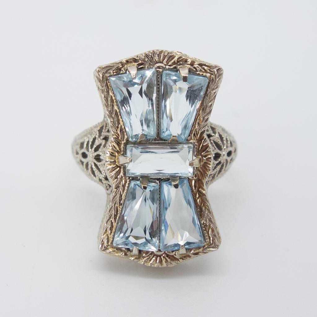 Art Deco 14K White Gold Filigree Aquamarine Bow Ring (1 of 3)