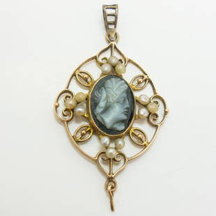 Antique Gold Filigree Cameo Pendant w Seed Pearls: This antique cameo pendant circa 1900 is made in 14K yellow gold with a filigree design. The cameo is set in sardonyx with seed pearl accents. 1.5 x 1", weight 1.3dwt.