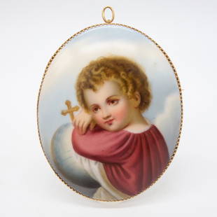 14K Gold Lg Berlin Porcelain Plaque Boy Jesus Pendant: This is a large Berlin porcelain hand painted plaque pendant brooch featuring a depiction of Jesus as a young boy. Framed in 14K yellow gold. 3 3/8 x 2 3/4".