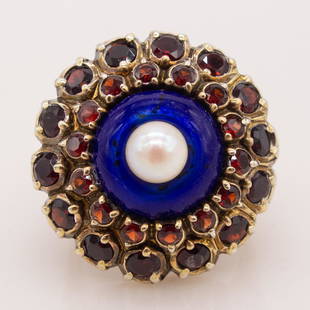 Antique Silver Gilt Bohemian Garnet Pearl Enamel Ring: This antique bohemian style ring in 835 silver gilt with a round white cultured pearl center, a ring of bright blue enamel, and a double halo of red round faceted garnets.  Stamped 835  Ring is a size