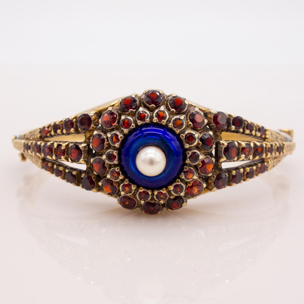 Silver Gilt Bohemian Garnet Pearl Enamel Hinge Bracelet (1 of 5)