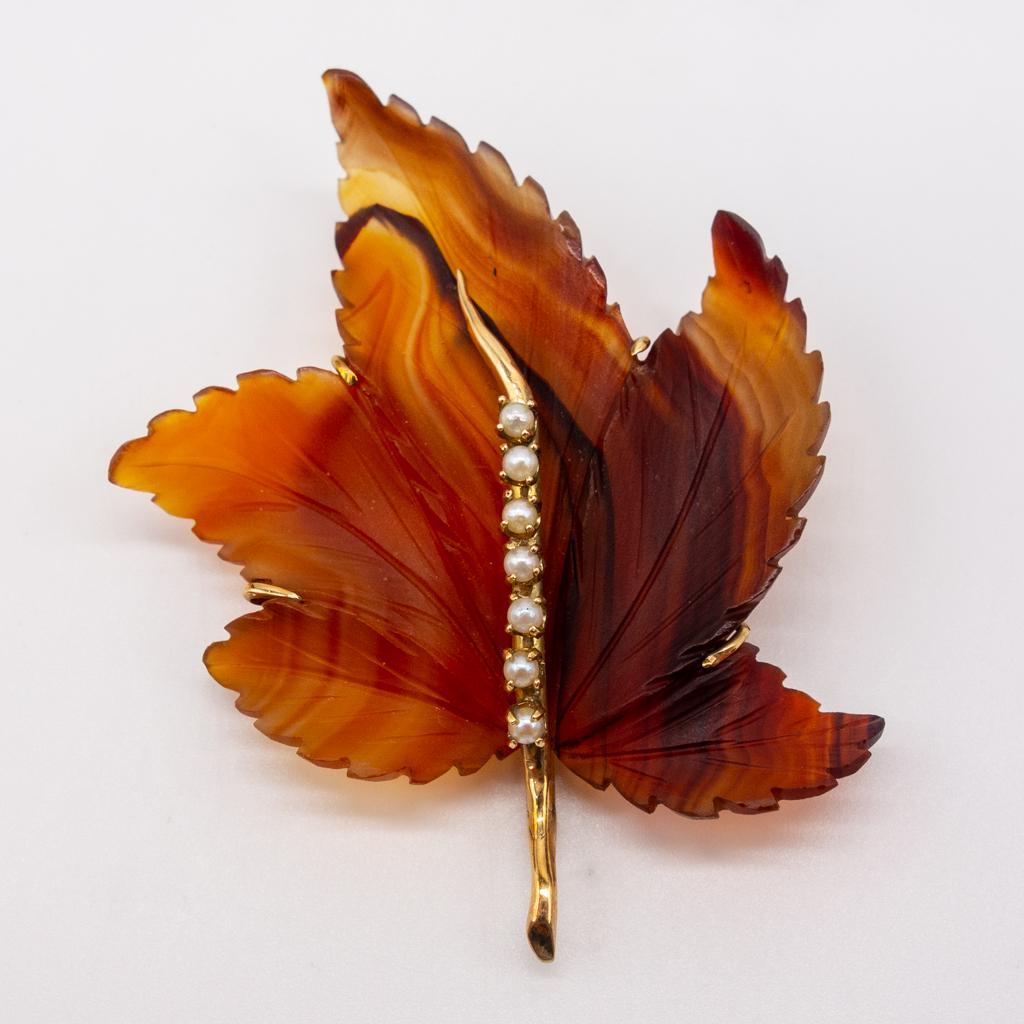 Autumn Maple Leaf Brooch Carnelian Agate Gold and Pearl (1 of 4)