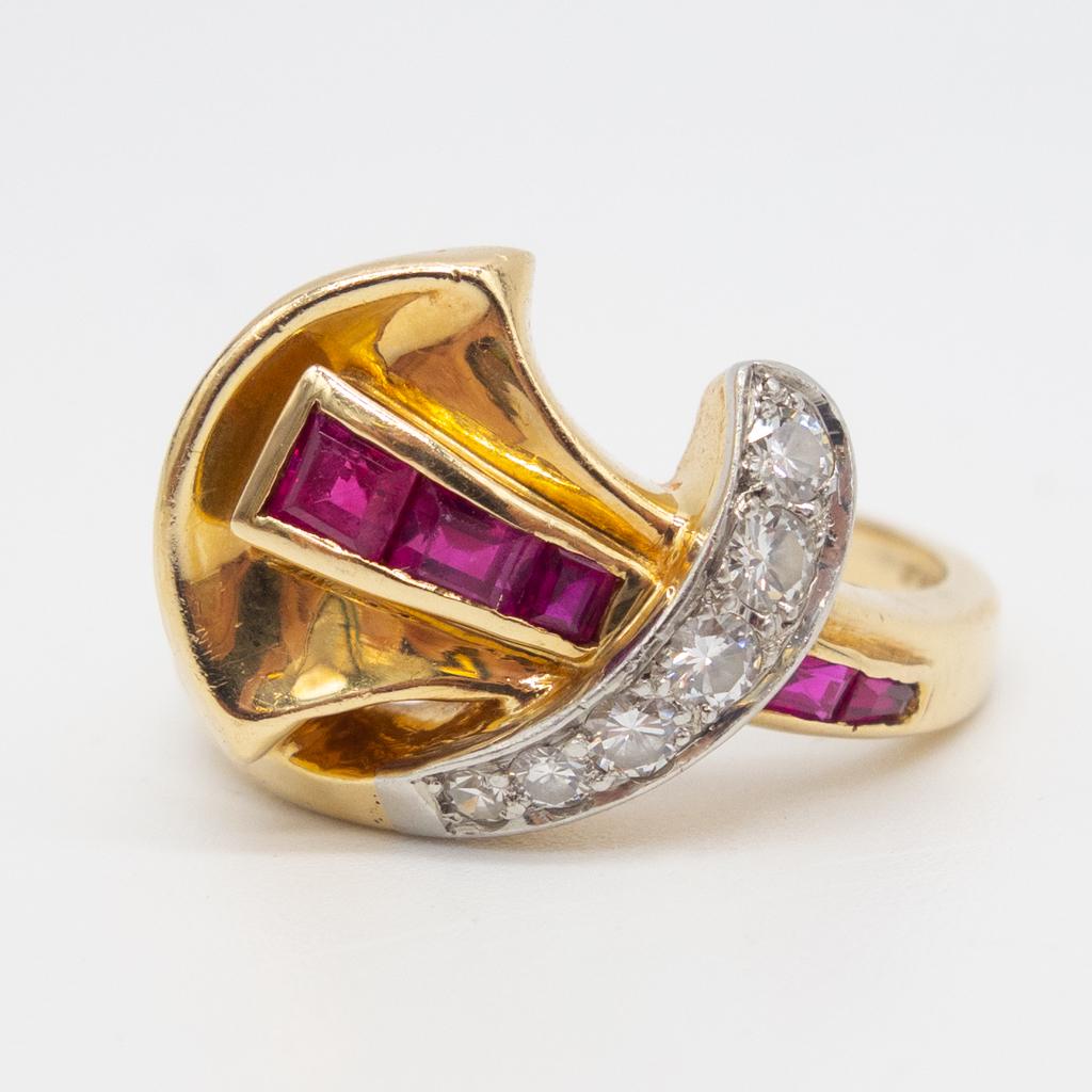 Retro 14K Rose Gold Diamond Ruby Ring Size 5.75 (1 of 5)