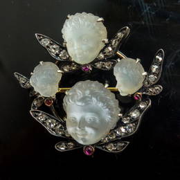 14K Gold Moonstone Cherub Rose Cut Diamond Ruby Brooch