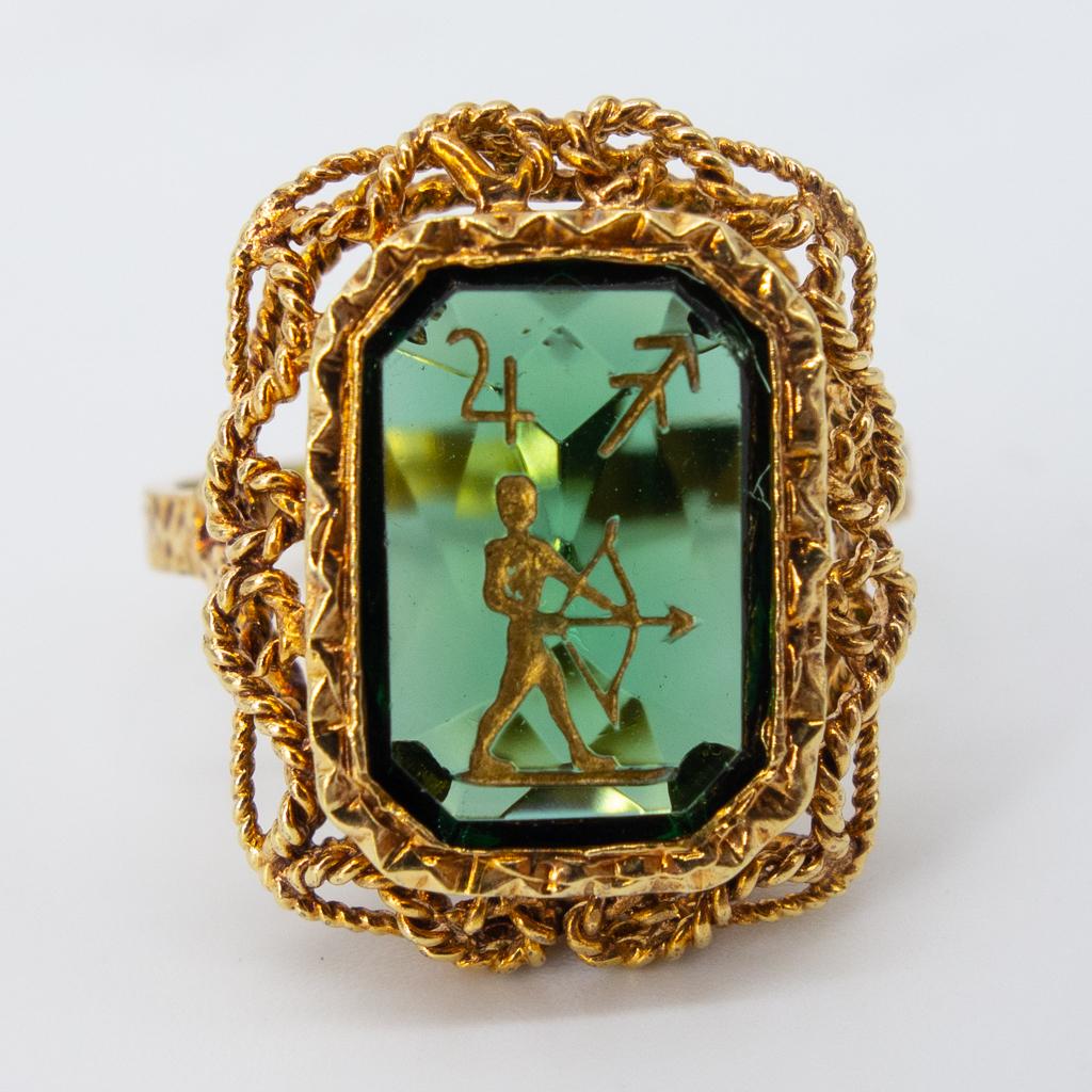 14K Gold Filigree Carved Green Stone Sagittarius Ring (1 of 3)