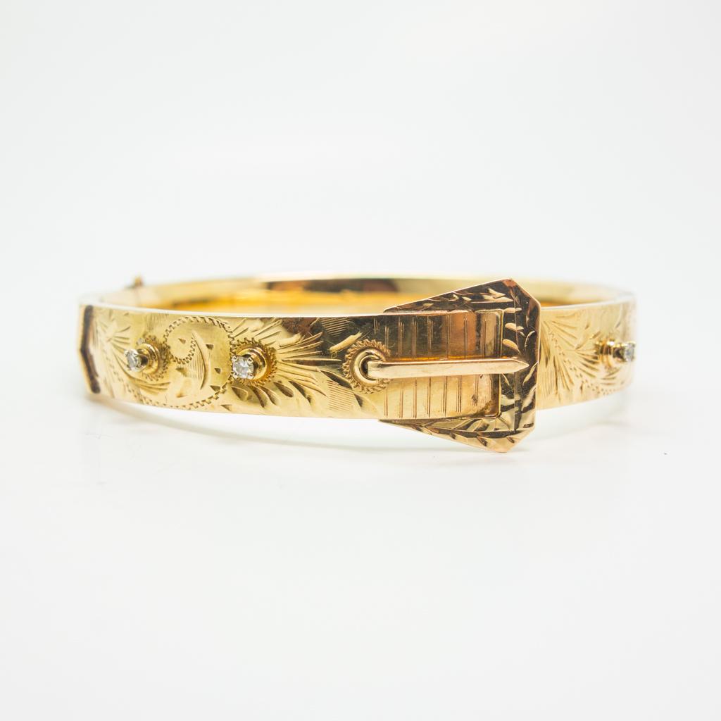 Antique 14K Gold Engraved Diamond Buckle Bracelet (1 of 4)