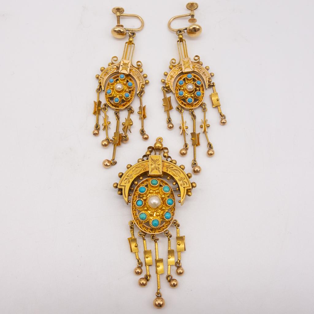 19c 14K Gold Renaissance Revival Pendant Earrings Set (1 of 5)