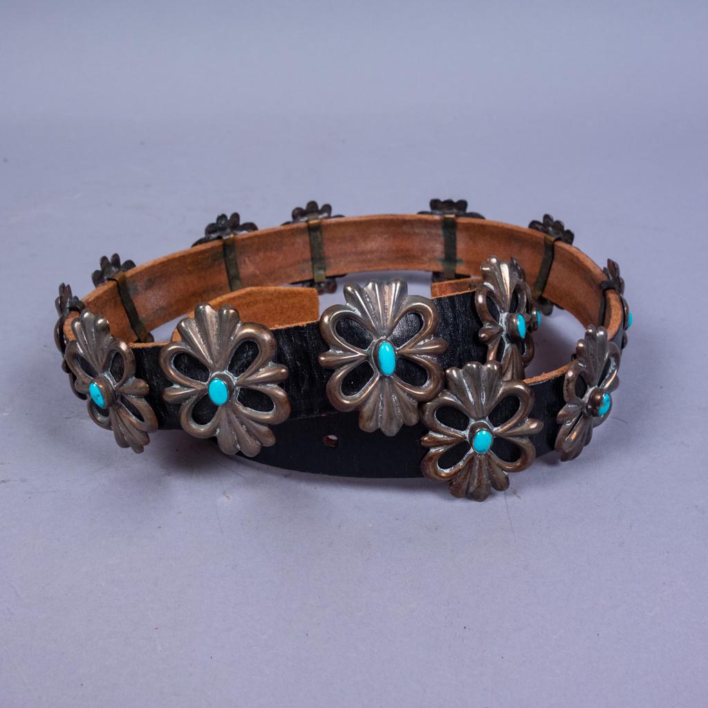 Native American Sterling Silver Turquoise Leather Belt (1 of 2)