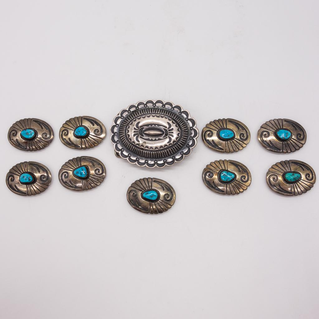 Native American Sterling Silver Turq Concho Belt Pieces (1 of 3)
