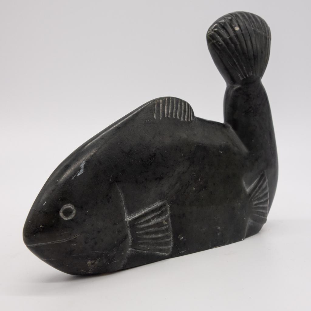 Signed Inuit Carving of Fish w Old Eskimo Art Label (1 of 3)