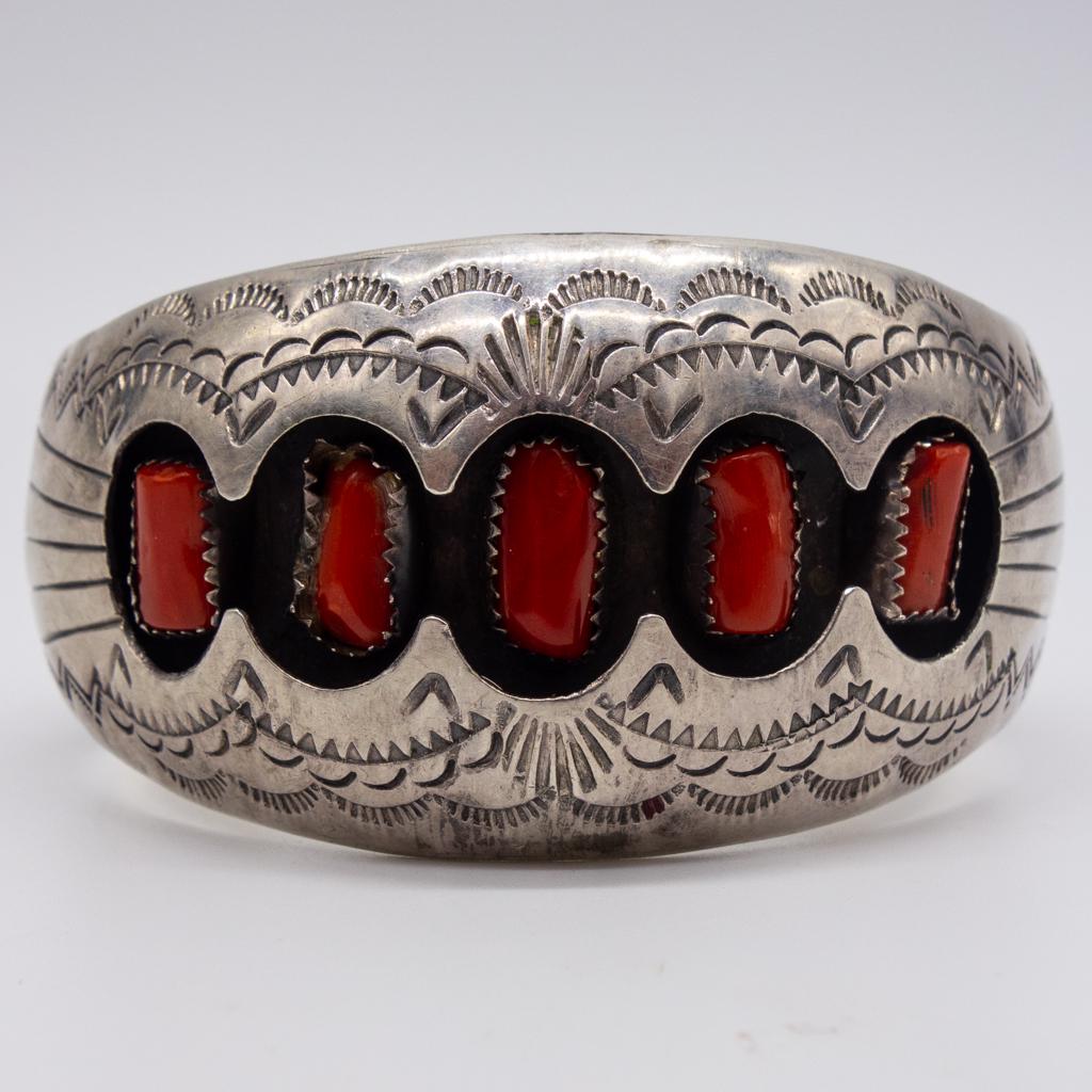 P Benally Navajo Sterling Silver Coral Cuff Bracelet (1 of 3)