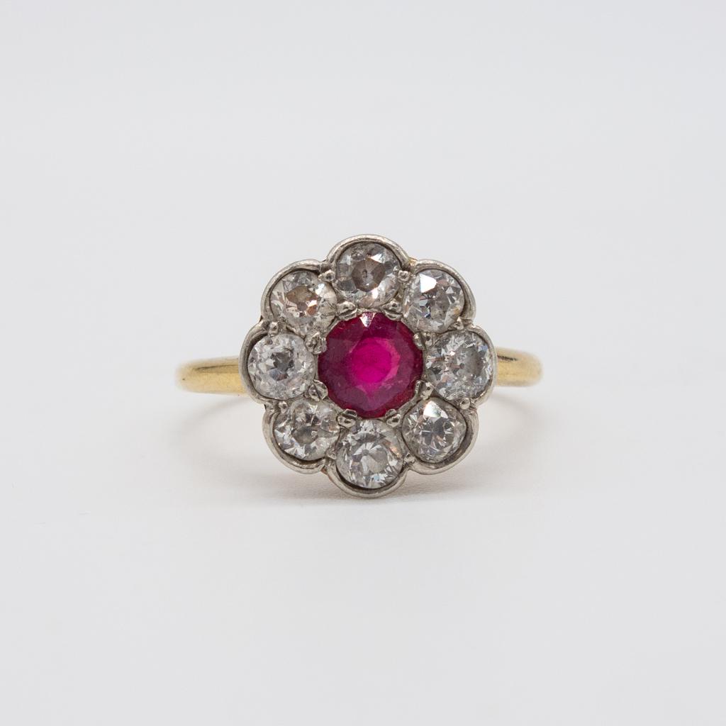 Antique 14K Gold Diamond Ruby Floral Cluster Ring (1 of 5)