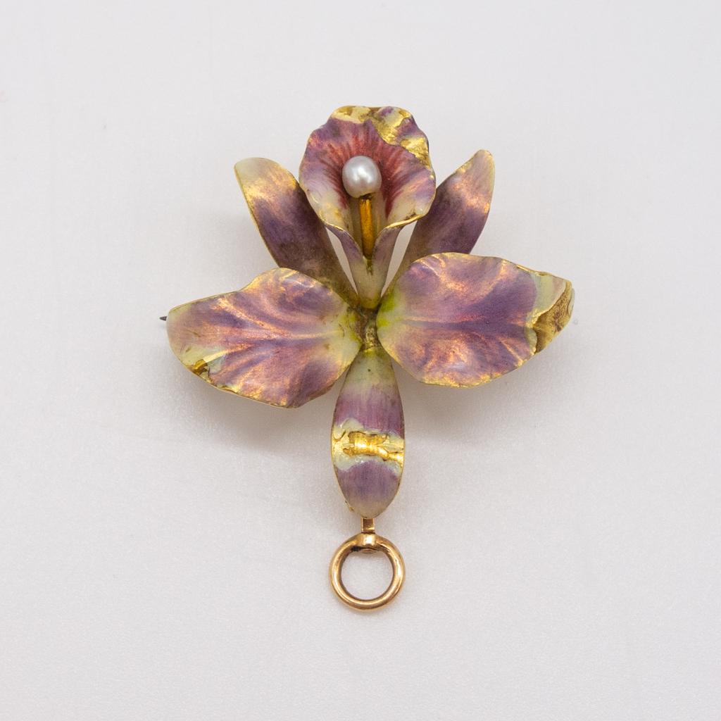 14K Art Nouveau Iridescent Enamel Pendant Watch Pin (1 of 3)