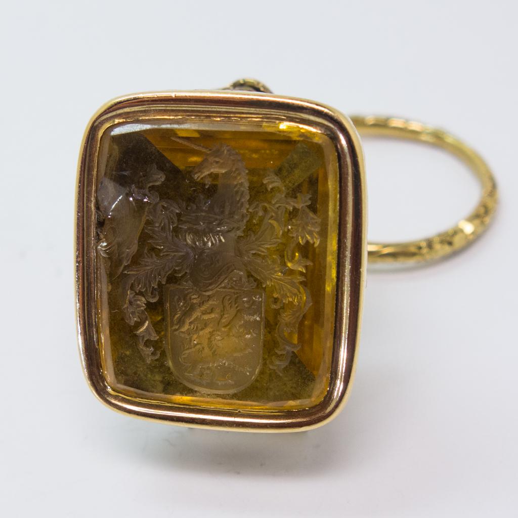 14K Gold Filigree Watch Fob w Citrine Crest Intaglio (1 of 3)
