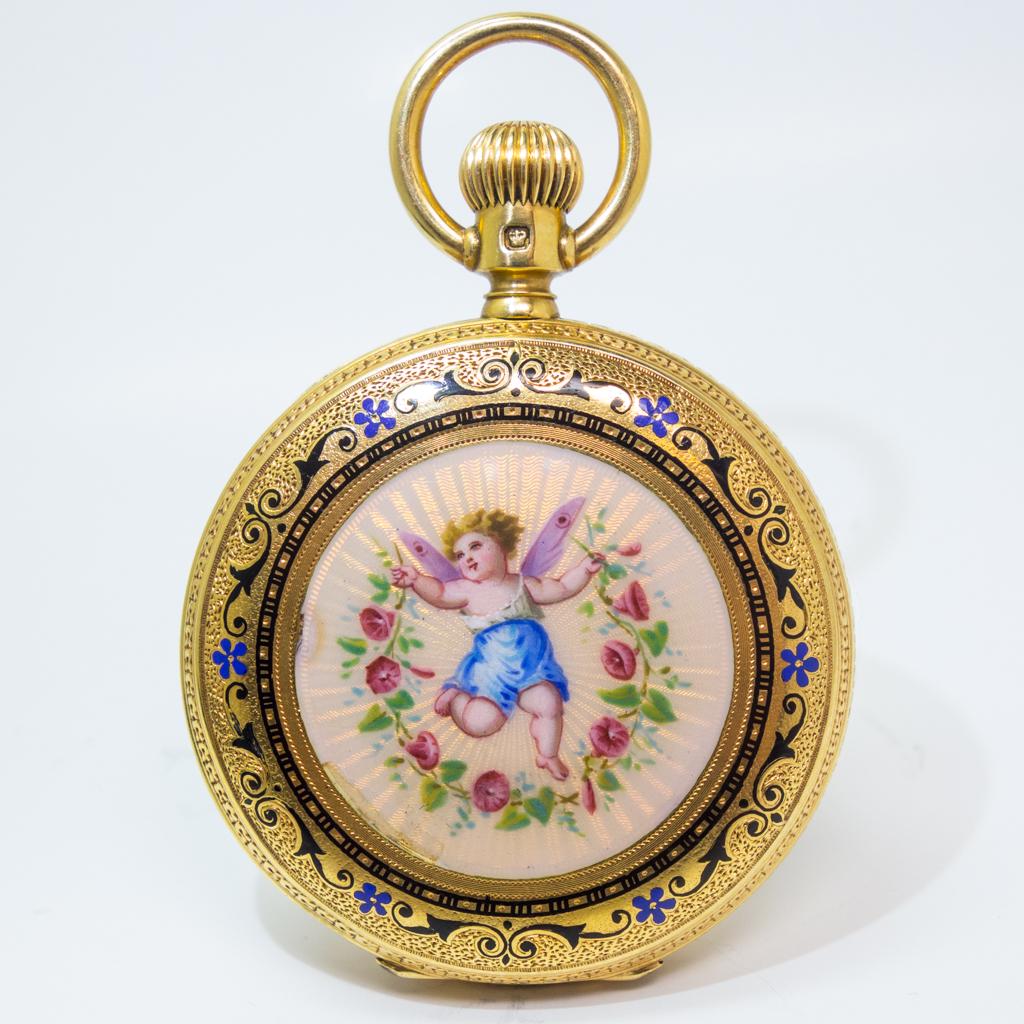 18K Gold Waltham Pocket Watch w Enamel Cherub Motif (1 of 5)