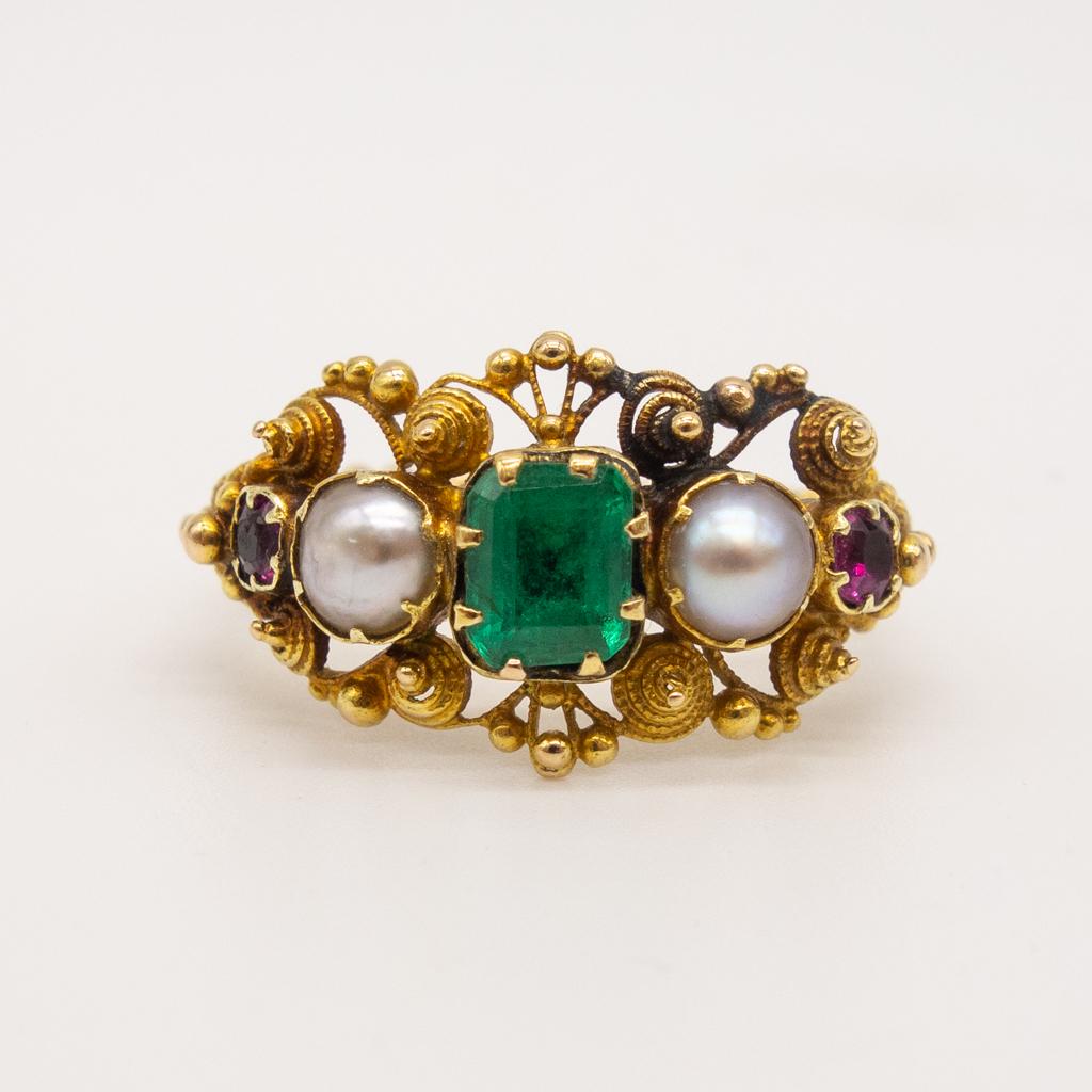 Antique Raj Indian 15K Gold Emerald Ruby Pearl Ring (1 of 4)