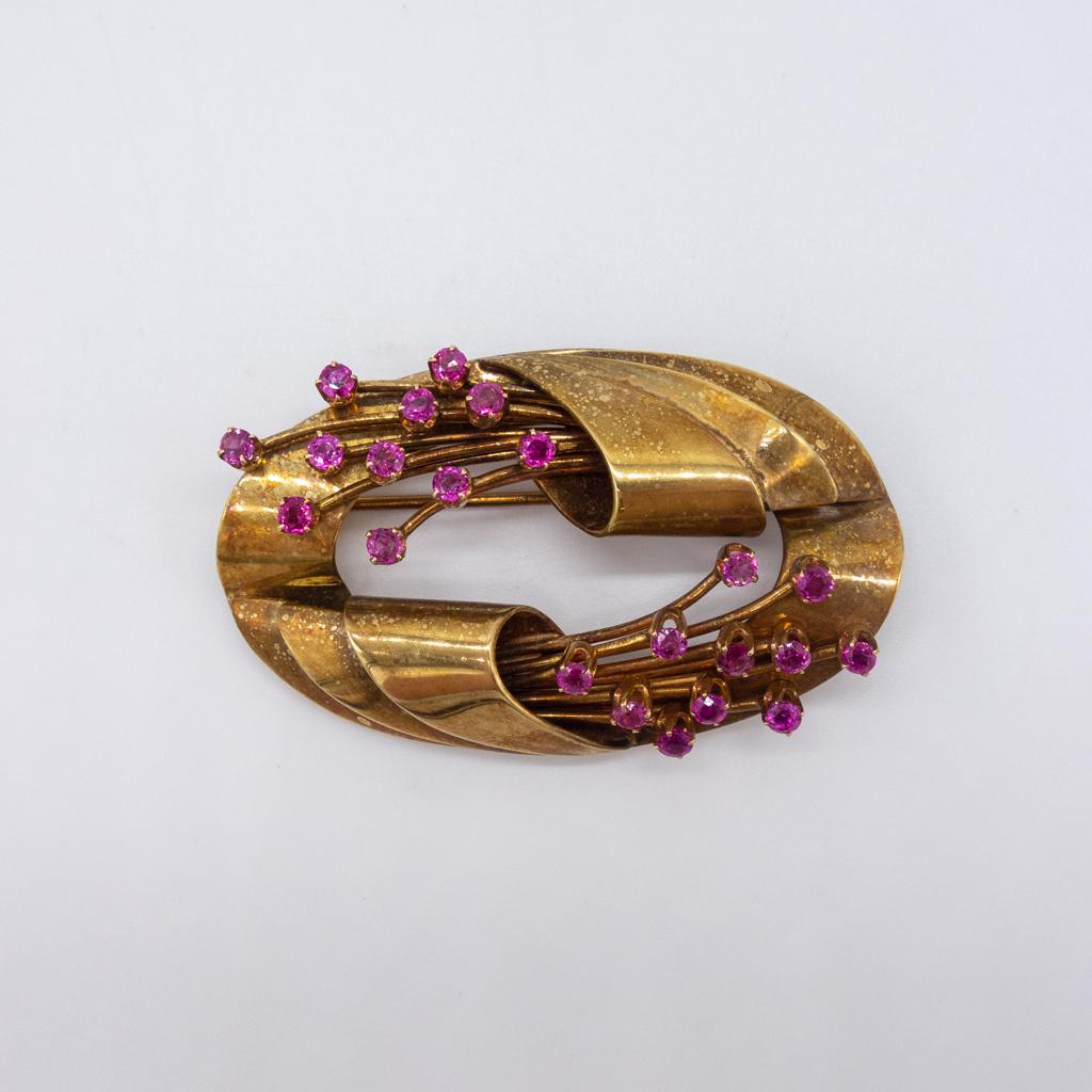 Retro Tiffany 14K Rose Gold Pink Sapphire Spray Brooch (1 of 4)