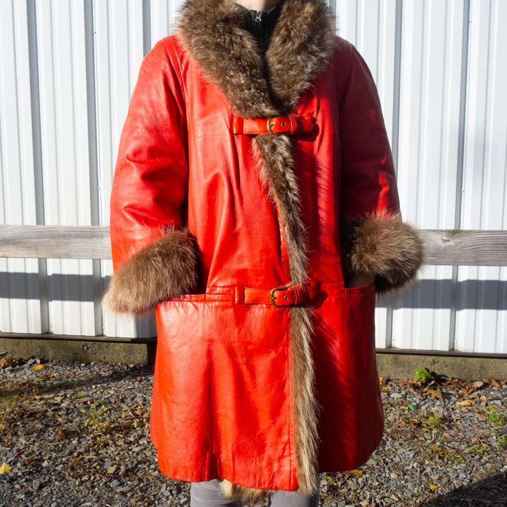 Vintage Red Leather Raccoon Fur 3/4 Length Ladies Coat (1 of 4)