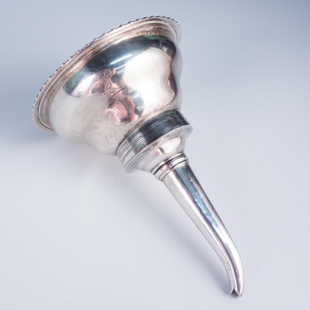 English Georgian London Sterling Silver Wine Funnel: This is an antique Georgian era English sterling silver wine funnel made by Joseph Angell I of London in 1822. Monogrammed RC. 5 1/4" Long, 3 3/4" Diameter, 3.25 ozt