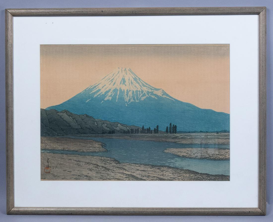 Signed Hasui Mt Fujikawa Japanese Woodblock Print: This is a woodblock print of Mount Fujikawa by noted artist Hasui Kawase (Japanese, 1883-1957) Frame: 27 1/4 x 21 1/2". Sight:19 1/2 x 14 1/4"