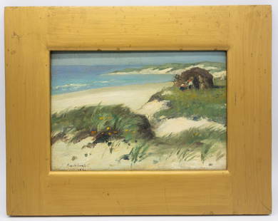 George Henry Bogert Seashore Oil Painting on Board: This is an original oil painting on board by George Henry Bogert (American, 1864-1944). The framed painting features a seashore scene (appears to be Montauk) with two figures in the distance. Signed l