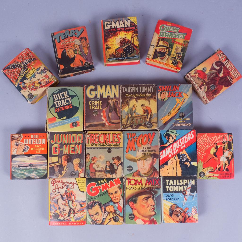 Group 19 Better/Big Little Books incl Green Hornet: This is a group of 19 Big/Better Little Books printed in the 1930s/40s. The illustrated hardcover lot includes the following: ~#1118 G-Man on the Crime Trail, 1936 ~#1164 Freckles and the Lost Diamond