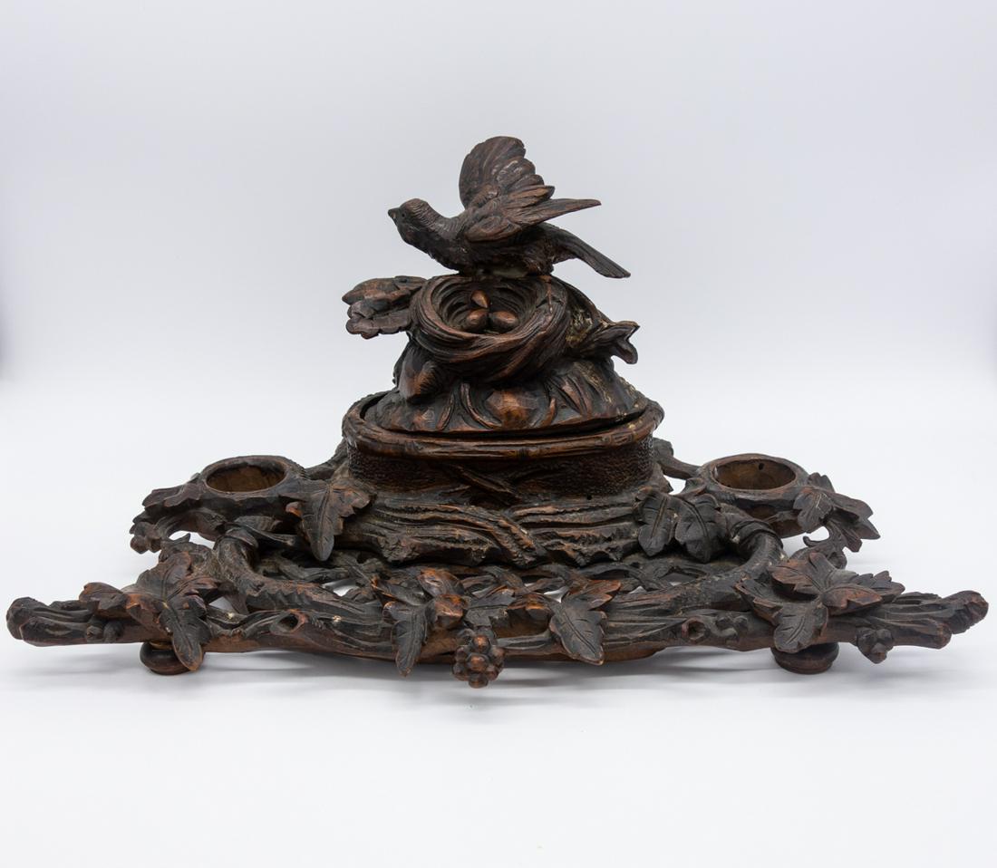 19c Nesting Bird Black Forest Carved Walnut Inkstand (1 of 7)